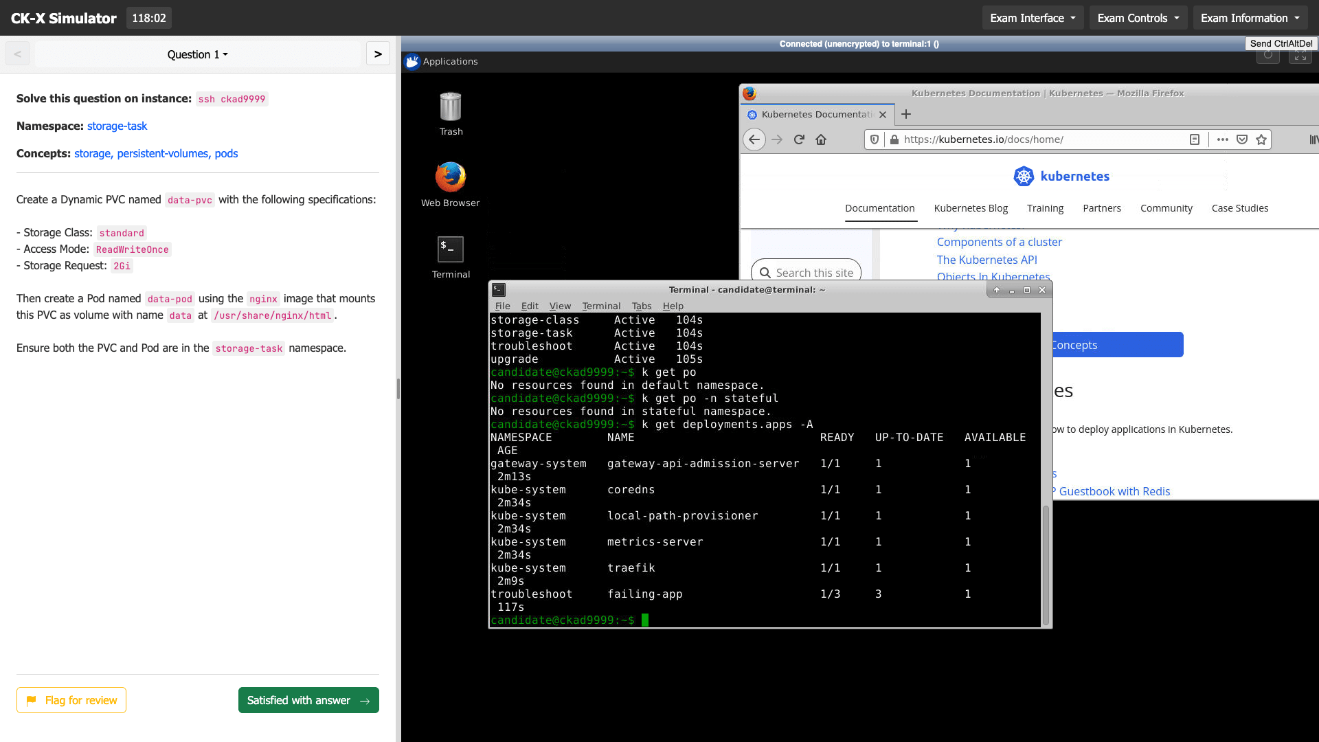 Screenshot of Sailor.sh CKA Simulator interface with Kubernetes exam questions and terminal window, showing realistic exam environment for Certified Kubernetes Administrator preparation